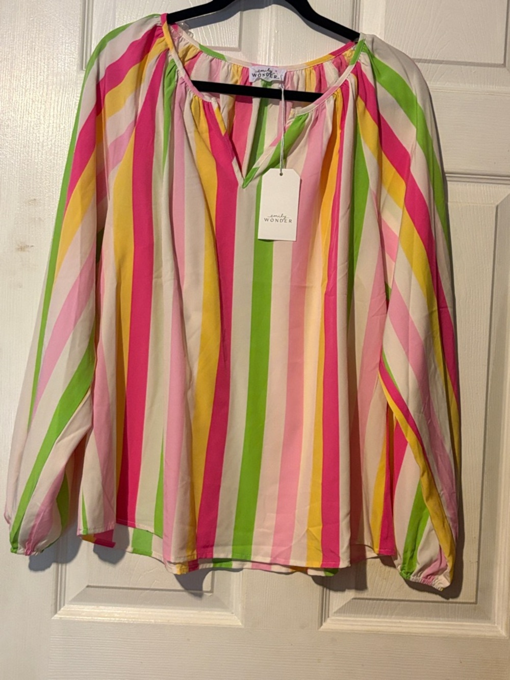 Emily Wonder Striped Balloon-Sleeve Blouse - Pink, Green, Yellow